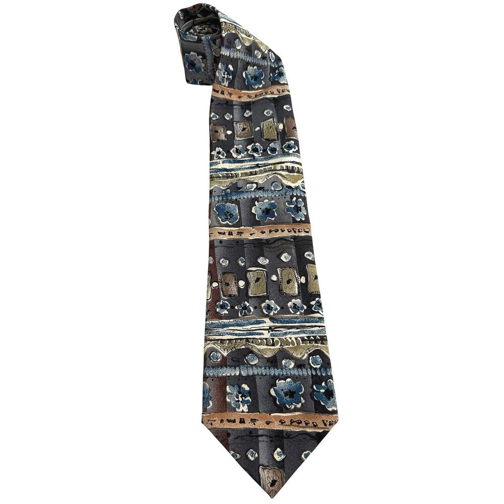 MBP Men’s 100% Silk Tie Blue Gray Brown Abstract Floral Necktie Made USA